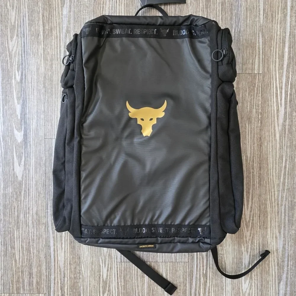 UA Under Armour Project Rock Duffle Backpack Bag Black Gold Gym New 1376459-002